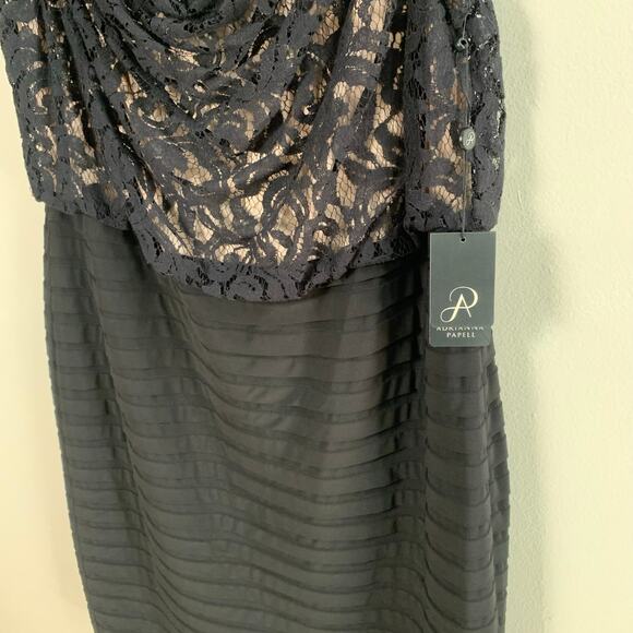 Adrianna Papell Plus Size 14W Drape Neck Banded Dress Black Lace Bodice Cocktail - Picture 9 of 12